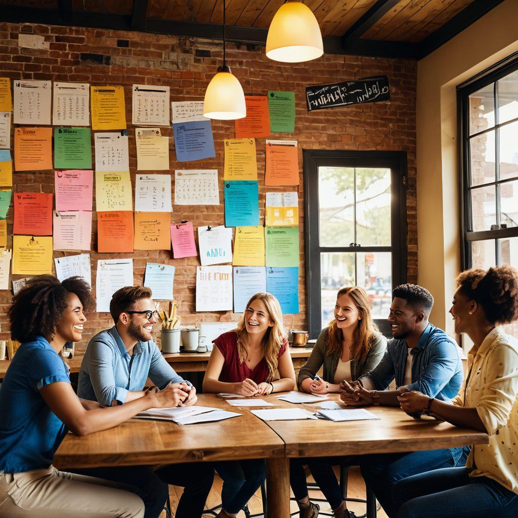 A bright, optimistic scene depicting a diverse group of people happily discussing debt relief strategies at a cozy coffee shop, surrounded by motivational posters and charts. Laughter and lightheartedness fill the air, with playful elements like a giant calculator with a smiley face and colorful papers flying around. Warm sunlight streams through the window, creating a welcoming atmosphere. super-realistic. vibrant colors.