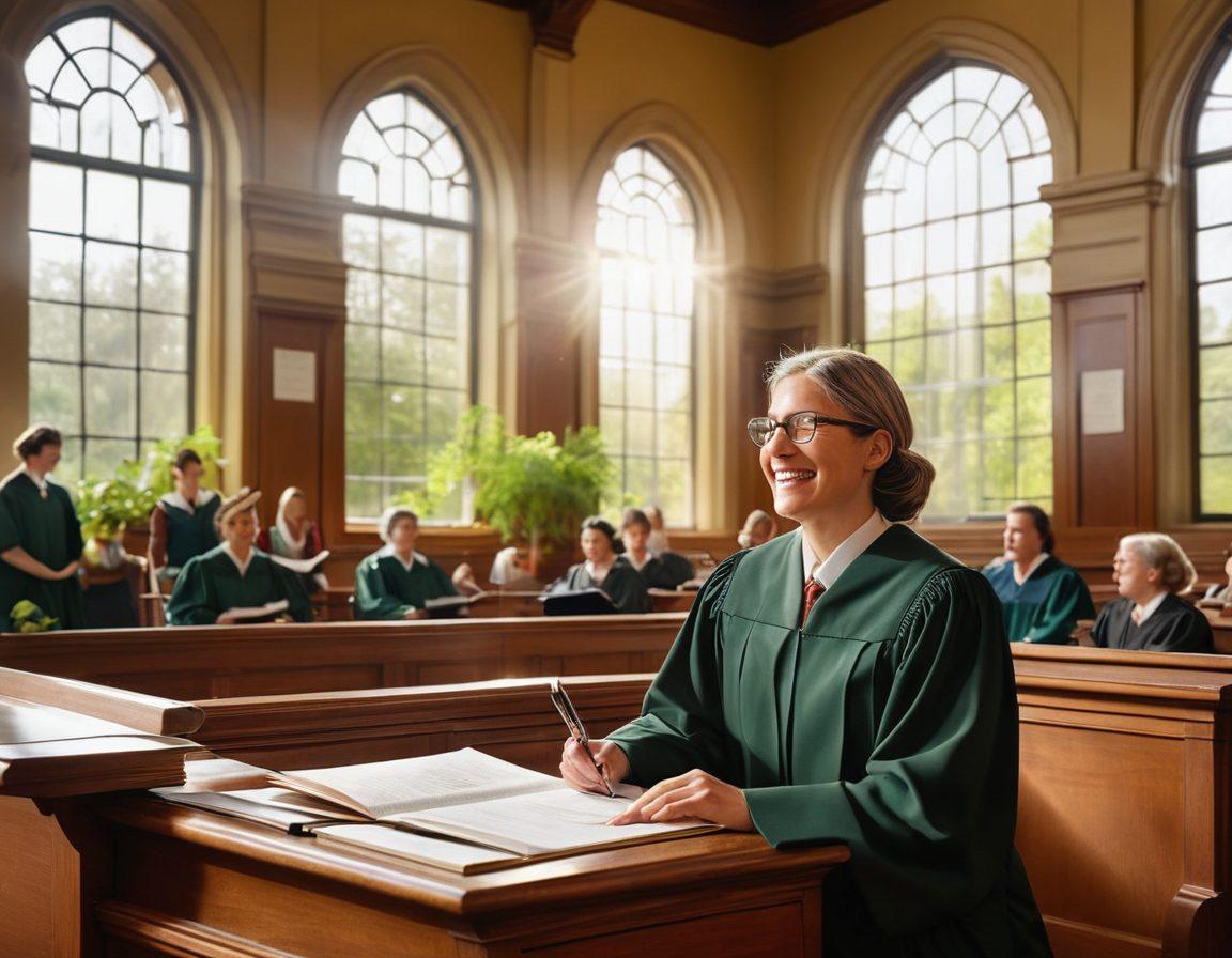 A bright, uplifting courtroom scene with sunlight streaming through large windows, highlighting a cheerful individual holding a folder with legal documents. The person is surrounded by supportive friends and family, all smiling and radiating positivity despite the seriousness of the setting. Incorporate details like a friendly judge, colorful legal books on the shelves, and plants to symbolize growth and hope. vibrant colors. super-realistic.