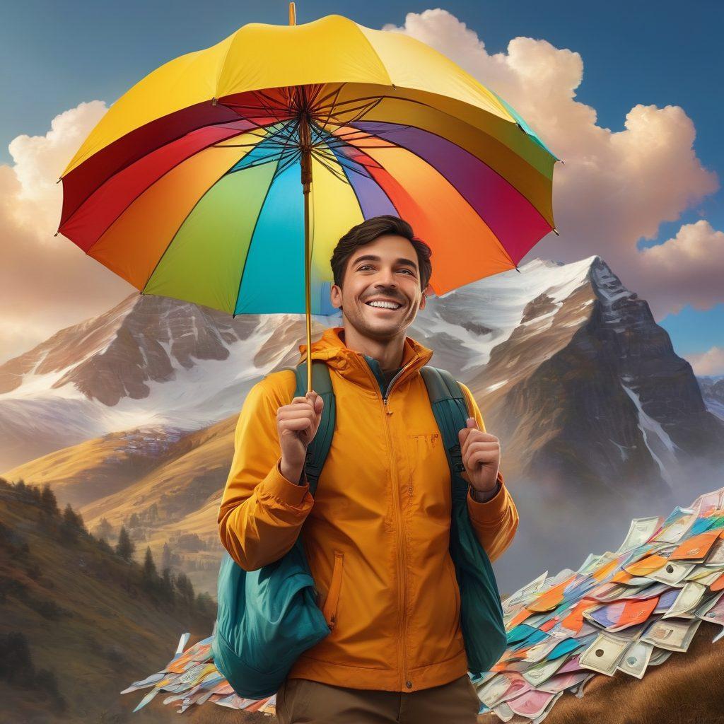 A cheerful person standing confidently in front of a mountain of bills, wearing a bright smile and holding a colorful umbrella that shields them from falling papers. In the background, a warm sun shines through fluffy clouds, symbolizing hope and positivity. The scene conveys a blend of financial struggle and optimism, inviting viewers to see challenges in a new light. bright colors. super-realistic. uplifting atmosphere.